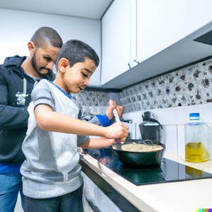 DALL·E 2022-12-21 15.07.51 - yassine bounou cooking couscous and playing football with his son.png