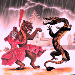 DALL·E 2022-12-21 15.09.34 - a dragon dancing with a tiger in a rose dress under the rain.png