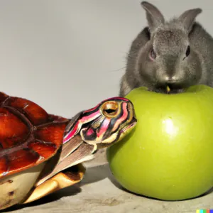 DALL·E 2022-12-21 15.13.26 - une pomme sur la tête d'une belle tortue maquillée qui discutent ...png