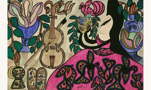 1967 - BAYA, La Dame aux roses, 1967. Gouache sur papier, 101 x 152 cm. Musée IMA Musée AC 8...jpg